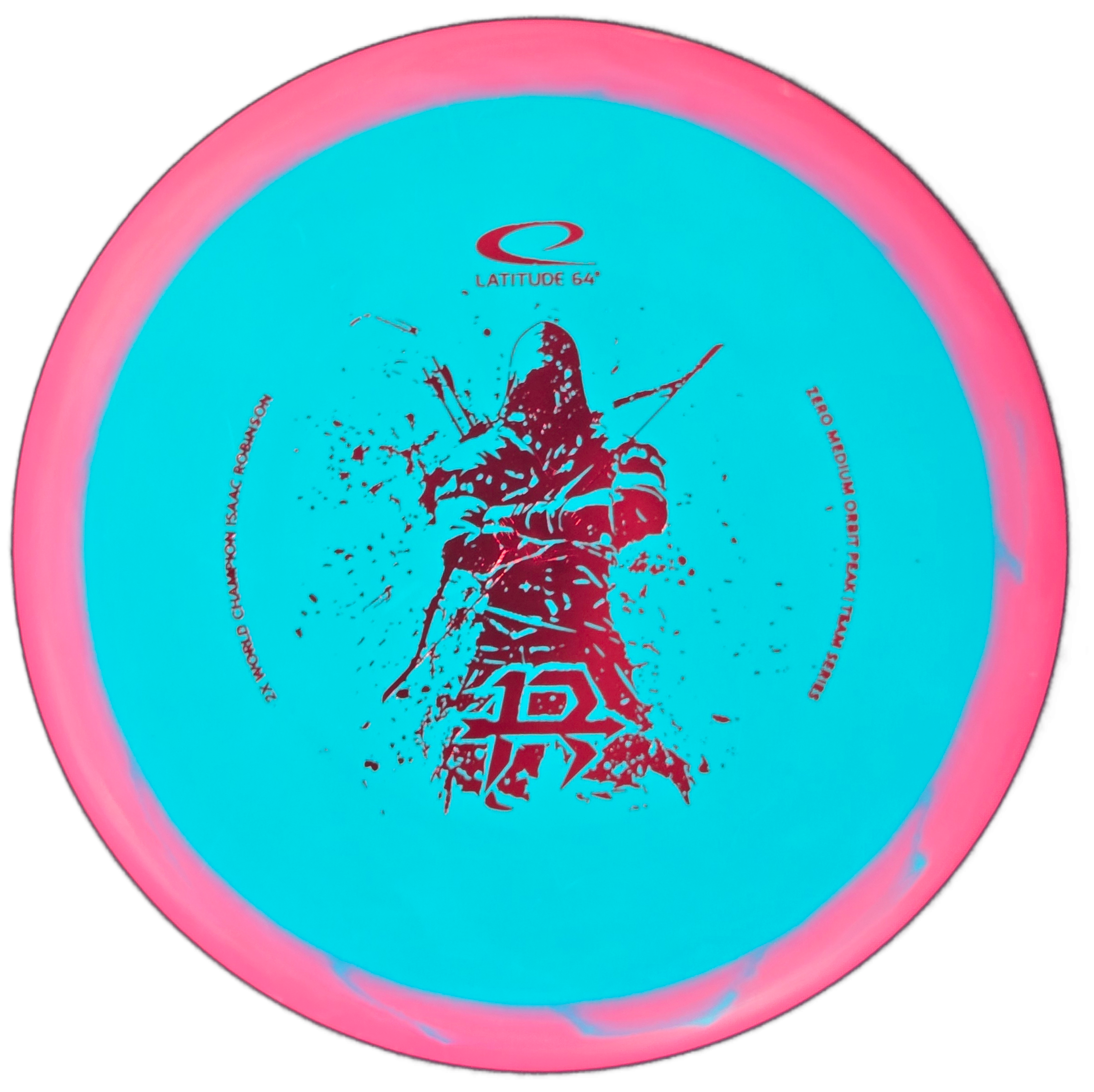 Blue and pink disc golf disc with a logo and text on a white background