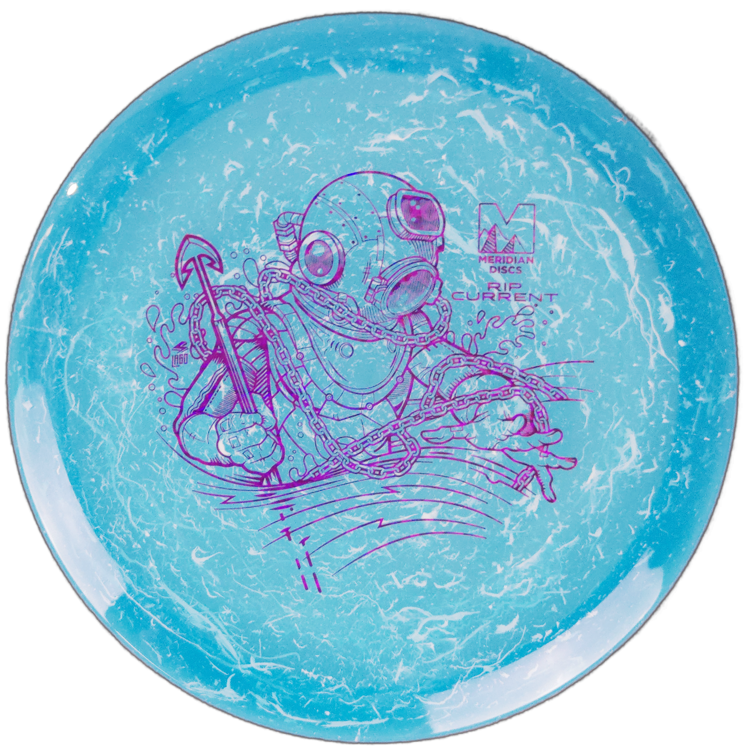 Blue disc with purple diver design on a white background
