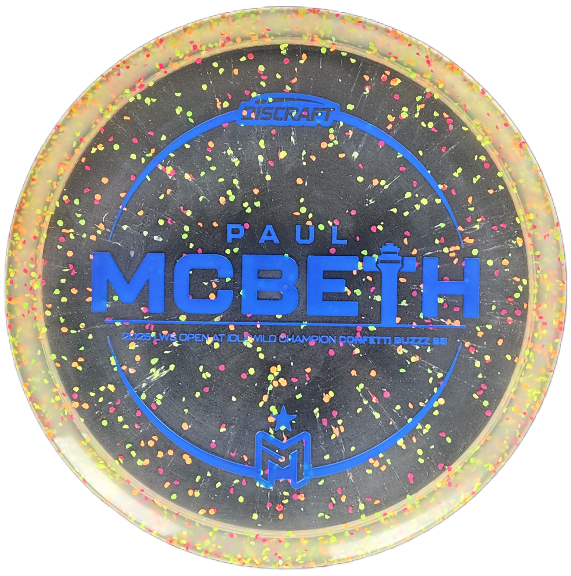 Disc with 'Paul McBeth' branding and colorful speckles on a white background