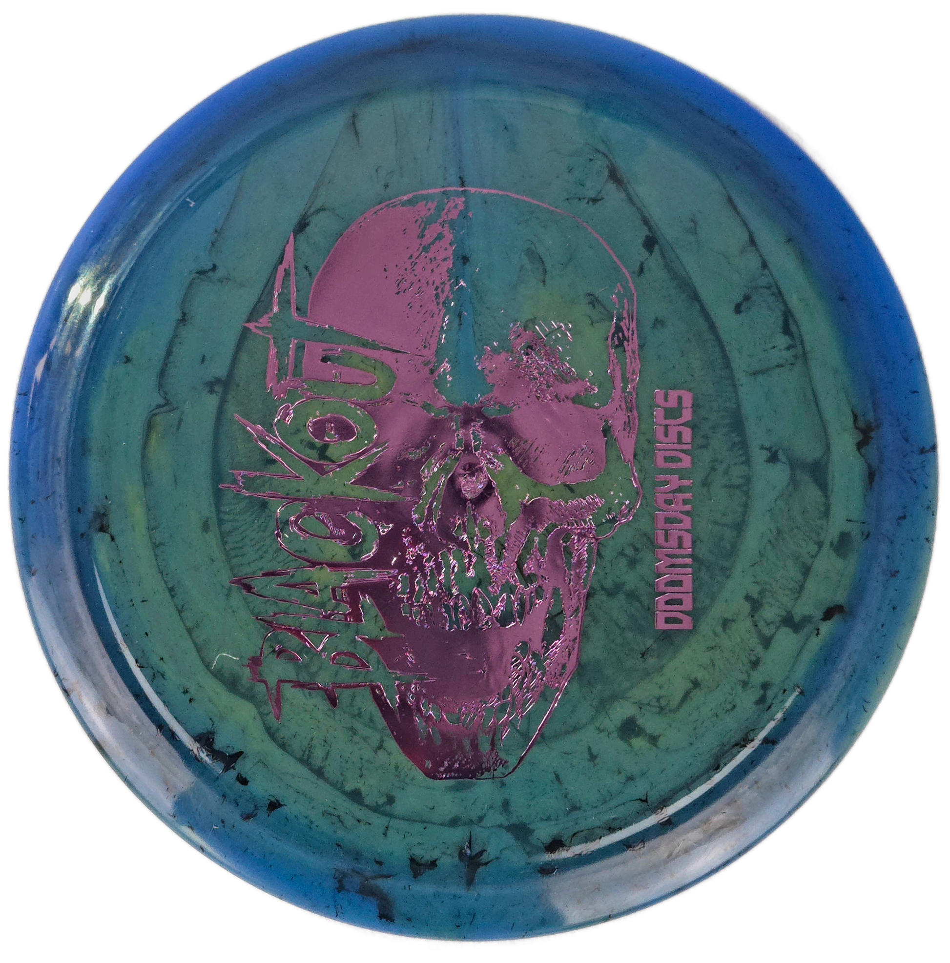 Disc with a purple skull design and blue and green speckled pattern on a white background