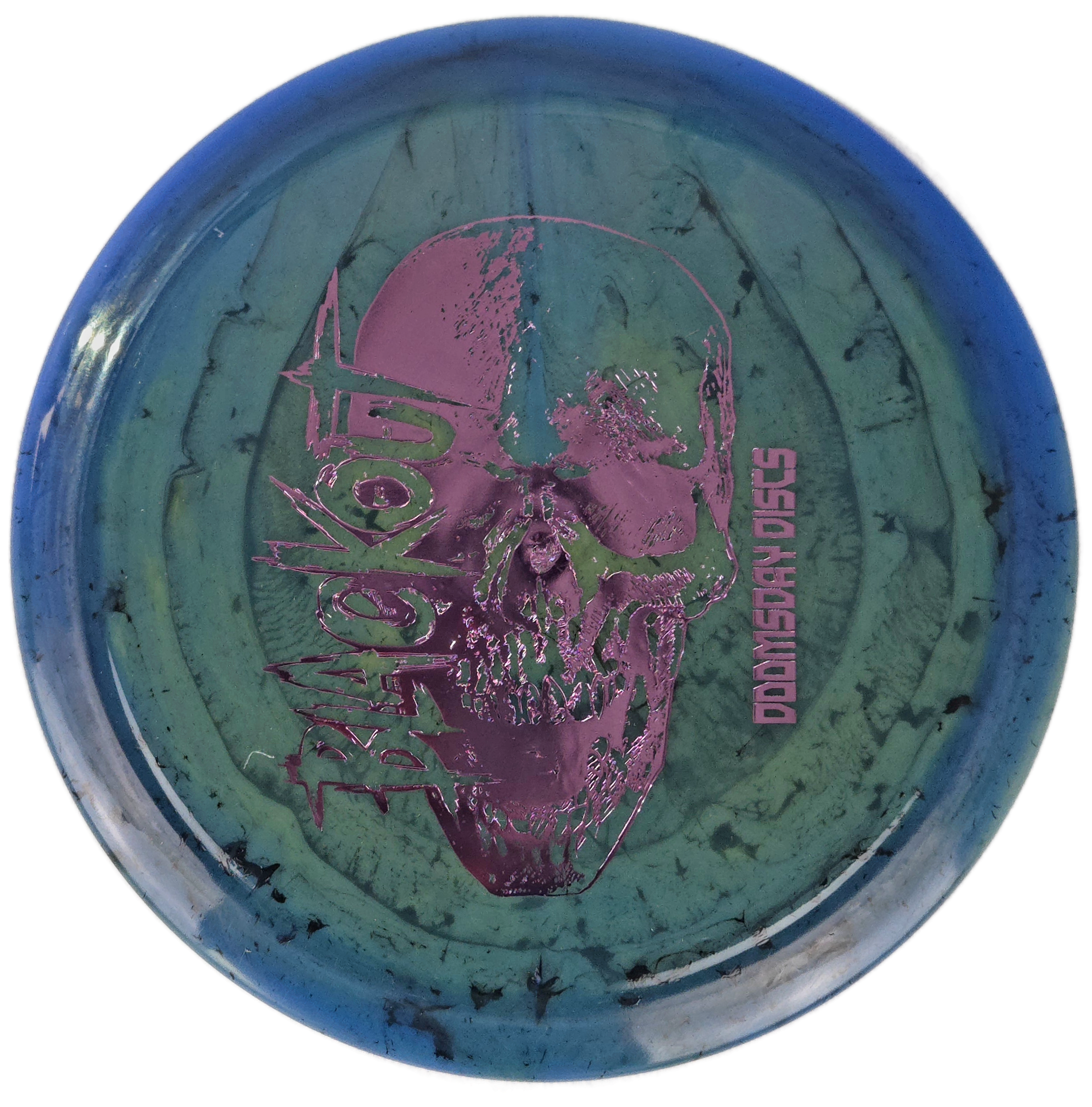 Disc with a purple skull design and blue and green speckled pattern on a white background